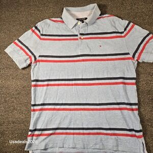 Tommy Hilfiger Mens Polo Shirt Large Classic Fit Striped Blue Red Navy Short Slv